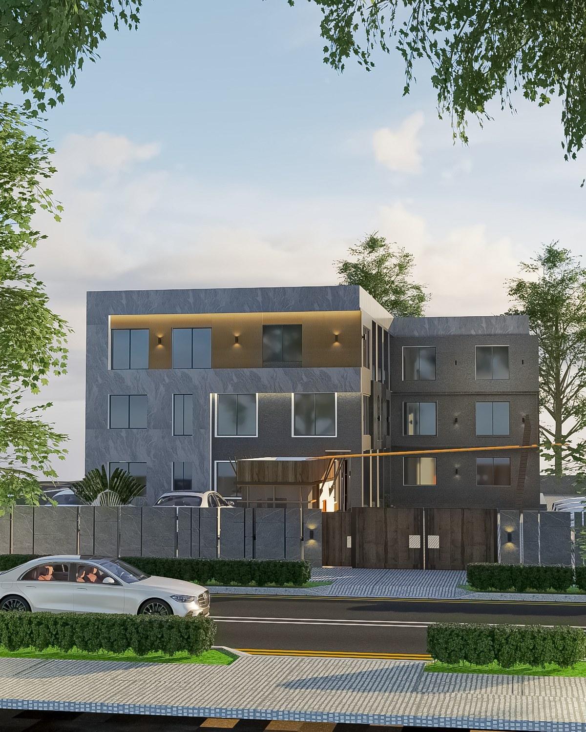 Exterior rendering of The Courtyard apartment development in Lakeside